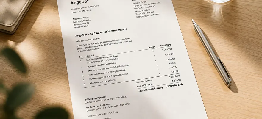 Fertig ausgedrucktes Angebot mit Positionen und Summe auf einem Schreibtisch