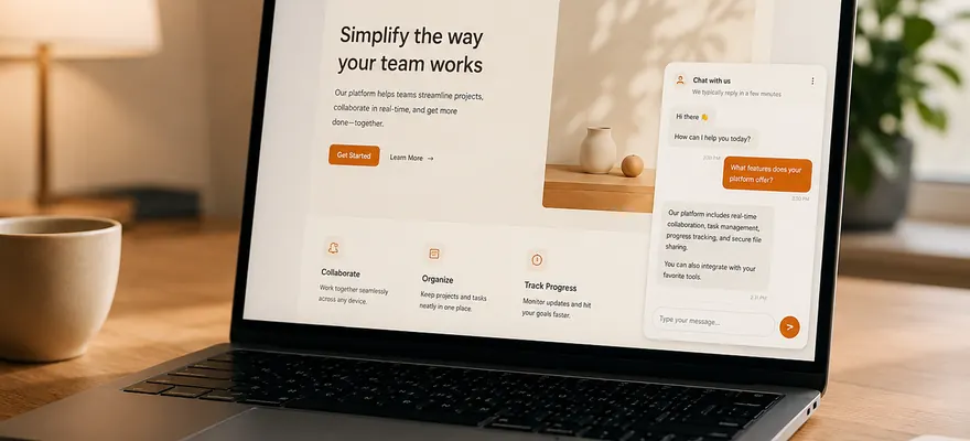 Laptop mit einer Website, auf der ein Chatfenster eine Kundenfrage beantwortet
