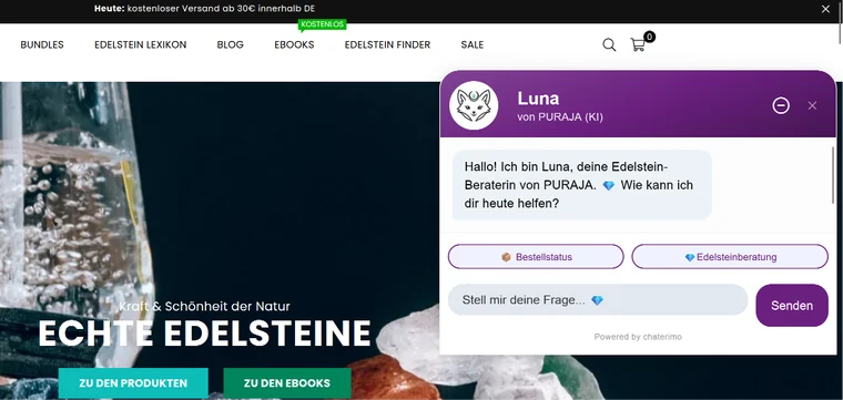 Onlineshop von PURAJA Edelsteine mit Chatbot Luna