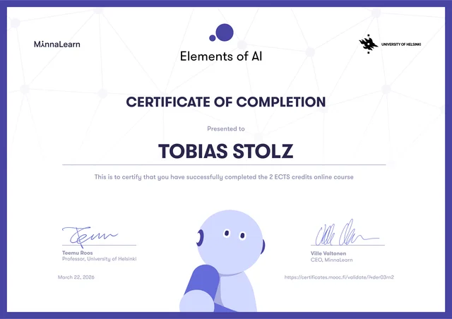 Zertifikat: Elements of AI, Universität Helsinki und MinnaLearn