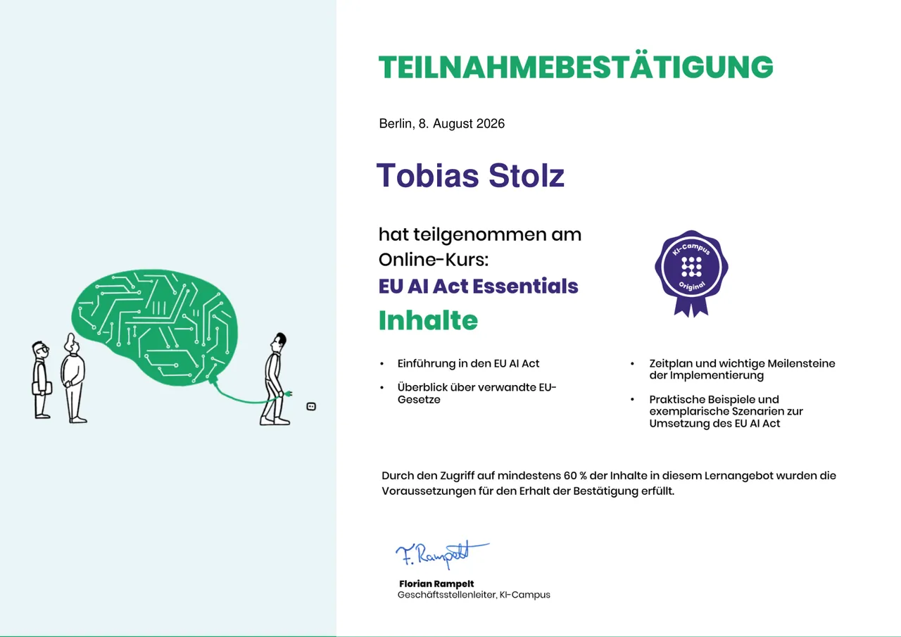 Teilnahmebestätigung: EU AI Act Essentials, KI-Campus